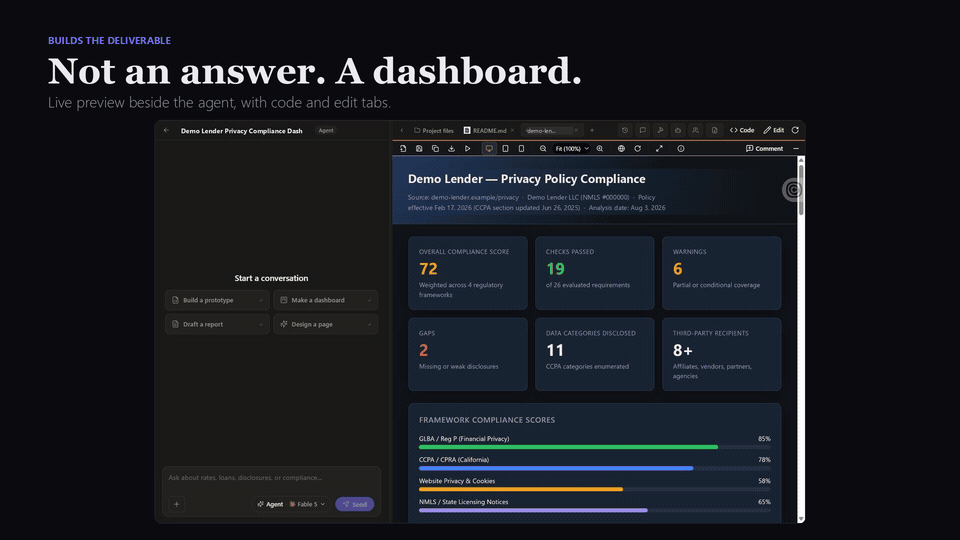 Animated walk through the workspace: dashboard, mobile preview, transcript, versions, tooling