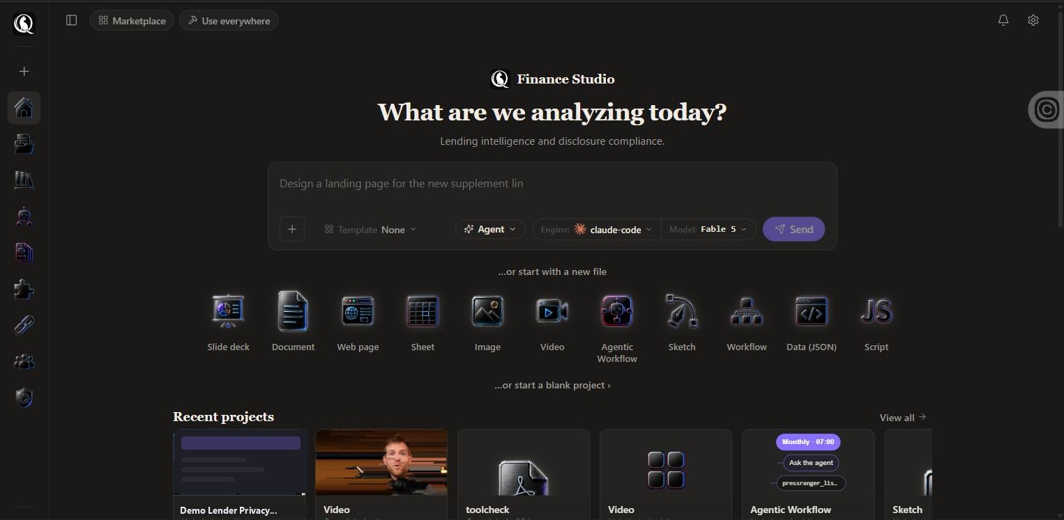 The Finance Studio home screen: the prompt bar, the file-type rail and recent projects