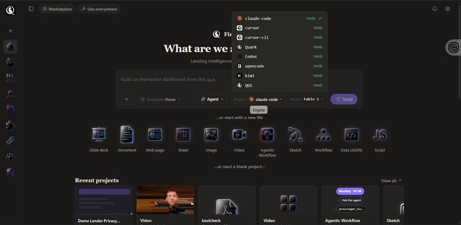 The engine dropdown in the prompt bar listing eight engines, all ready