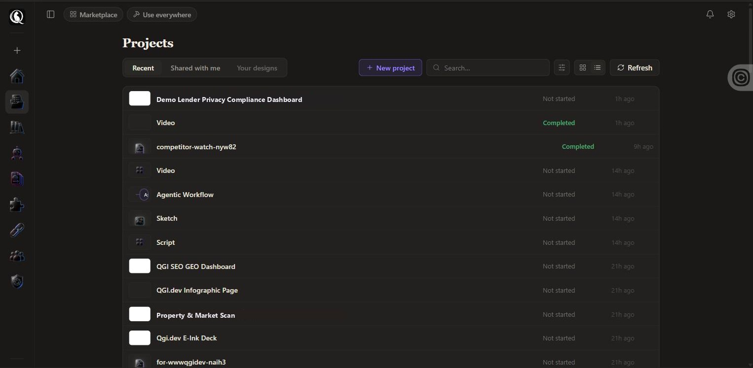 The projects list with run status and age