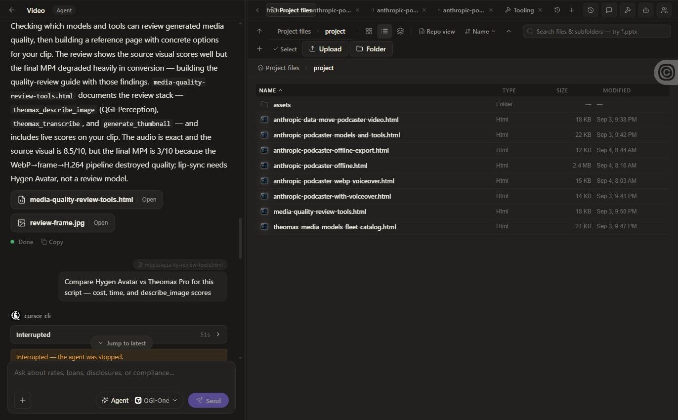 The agent transcript beside the project file browser
